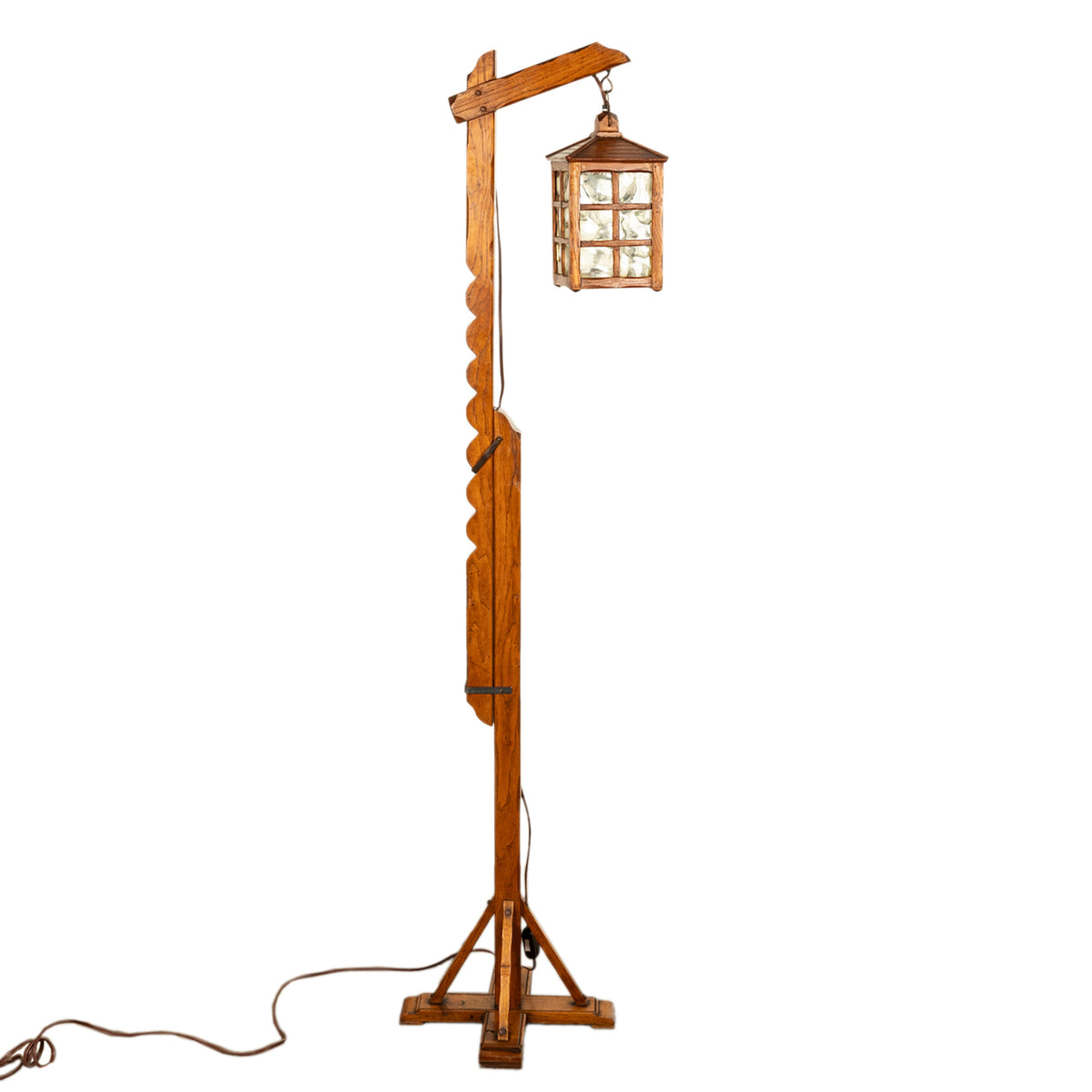 Antique Mission Arts Crafts Carved Oak Adjustable Floor Lamp Glass Lantern 1930