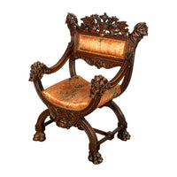 Antique Italian Hand Carved Walnut Renaissance Dragon & Knight Throne Chair 1880