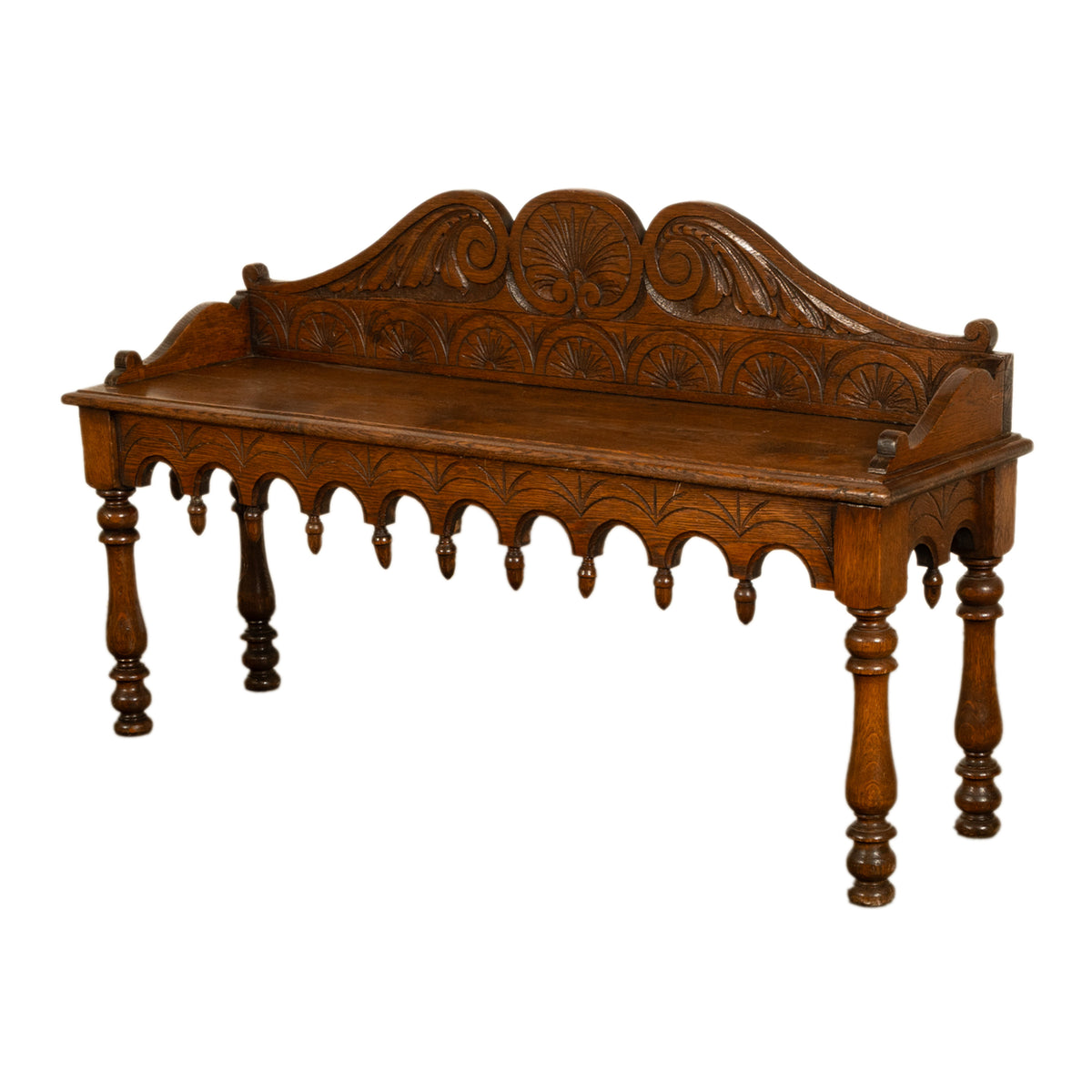 Antique English 19th Century Victorian Carved Oak Hall Window Seat Bench 1890