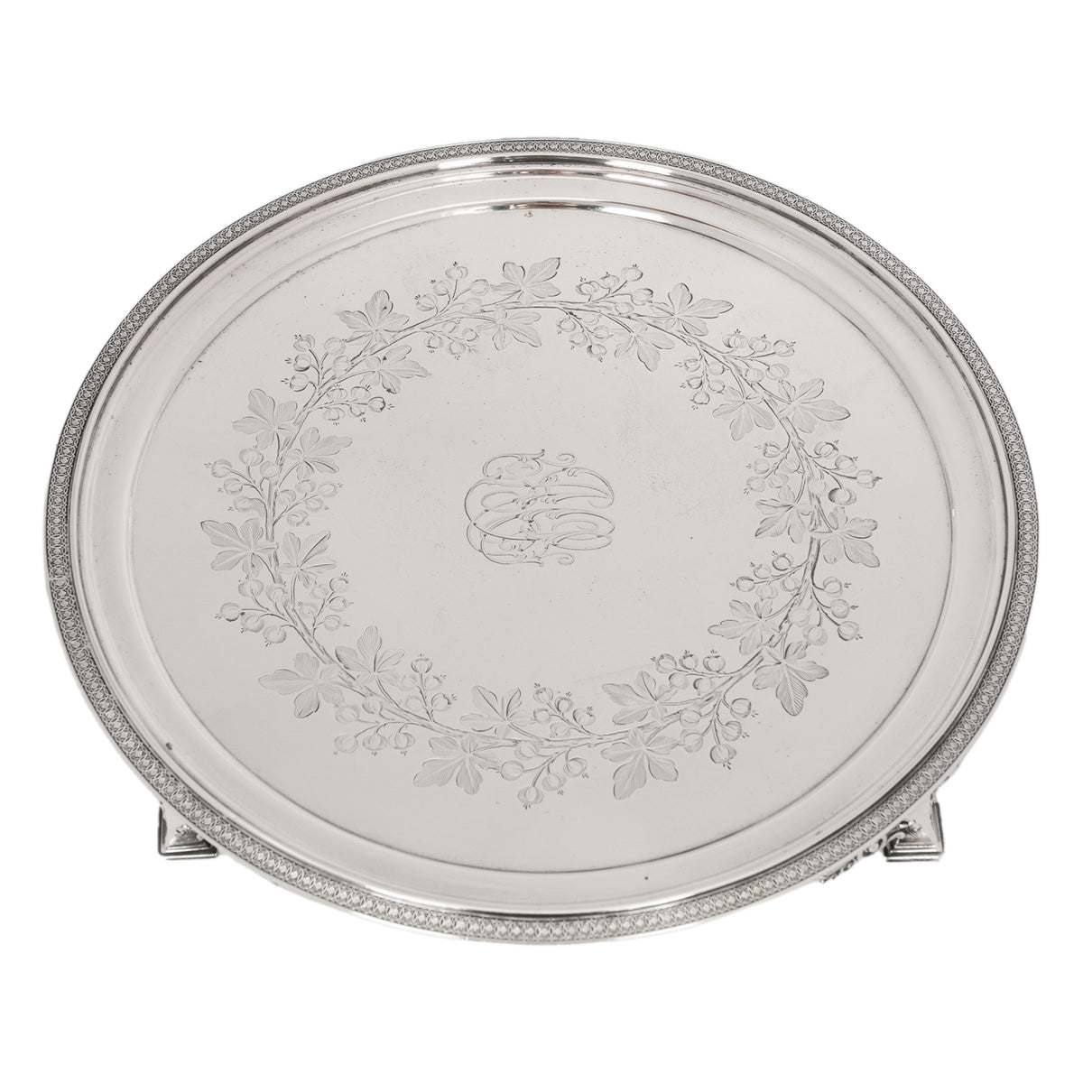 Antique Engraved Sterling Silver Tiffany & Co Footed Salver Tray New York 1870
