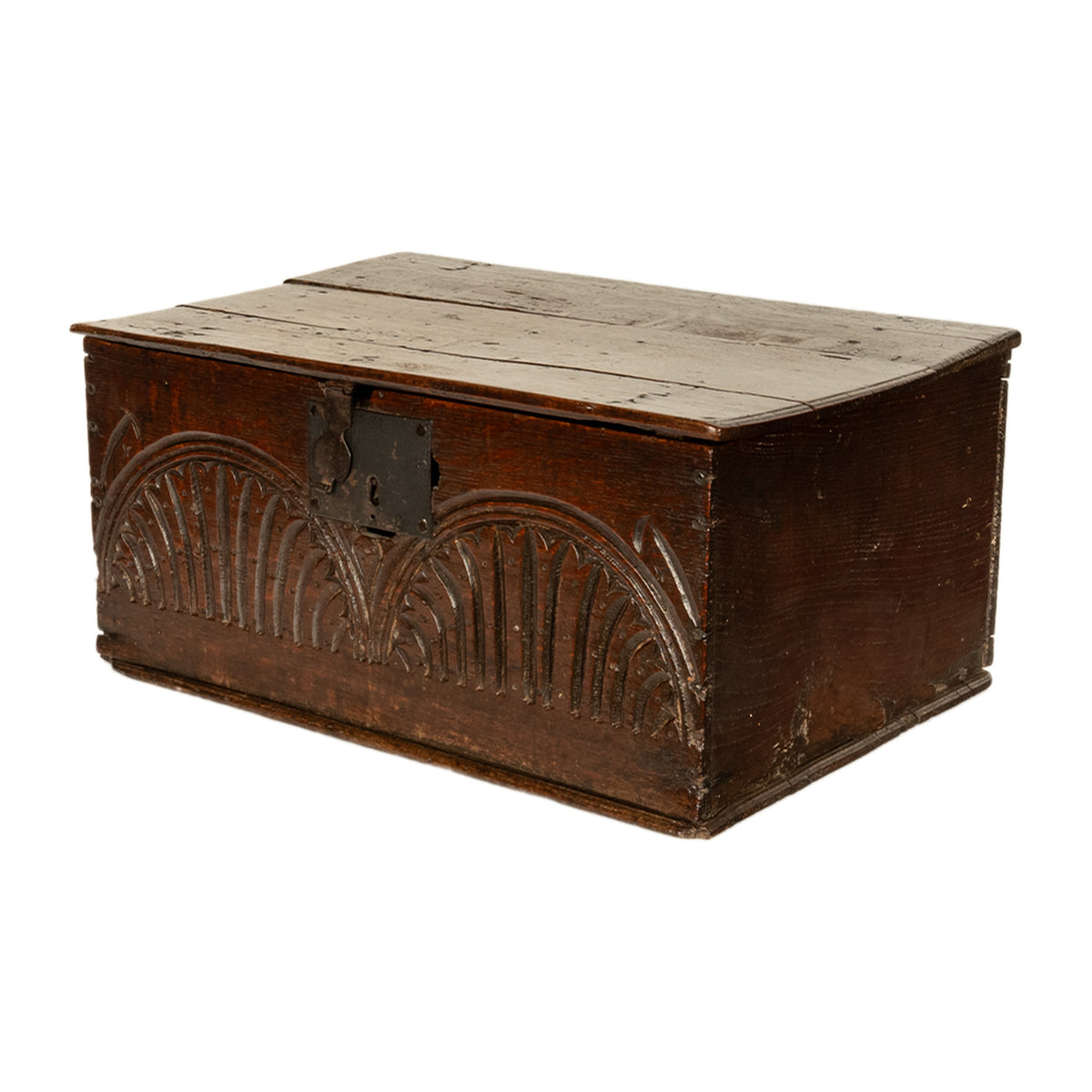 Antique 17th Century Charles II Carved Oak Bible Document Box 6 Plank Trunk 1680