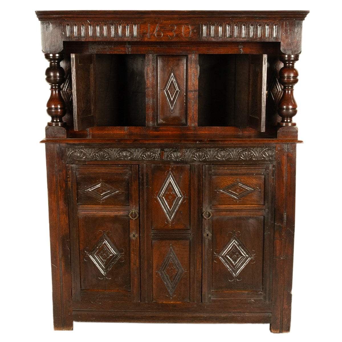 Antique English 17th Century Jacobean Charles I Carved Oak Court Cupboard Cabinet 1630