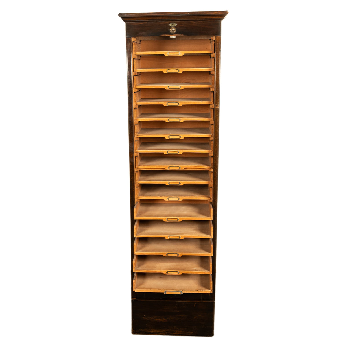 Antique Tall Spanish Walnut Tambor Roll Down Filing Cabinet "Muebles Rex" Madrid Circa 1910