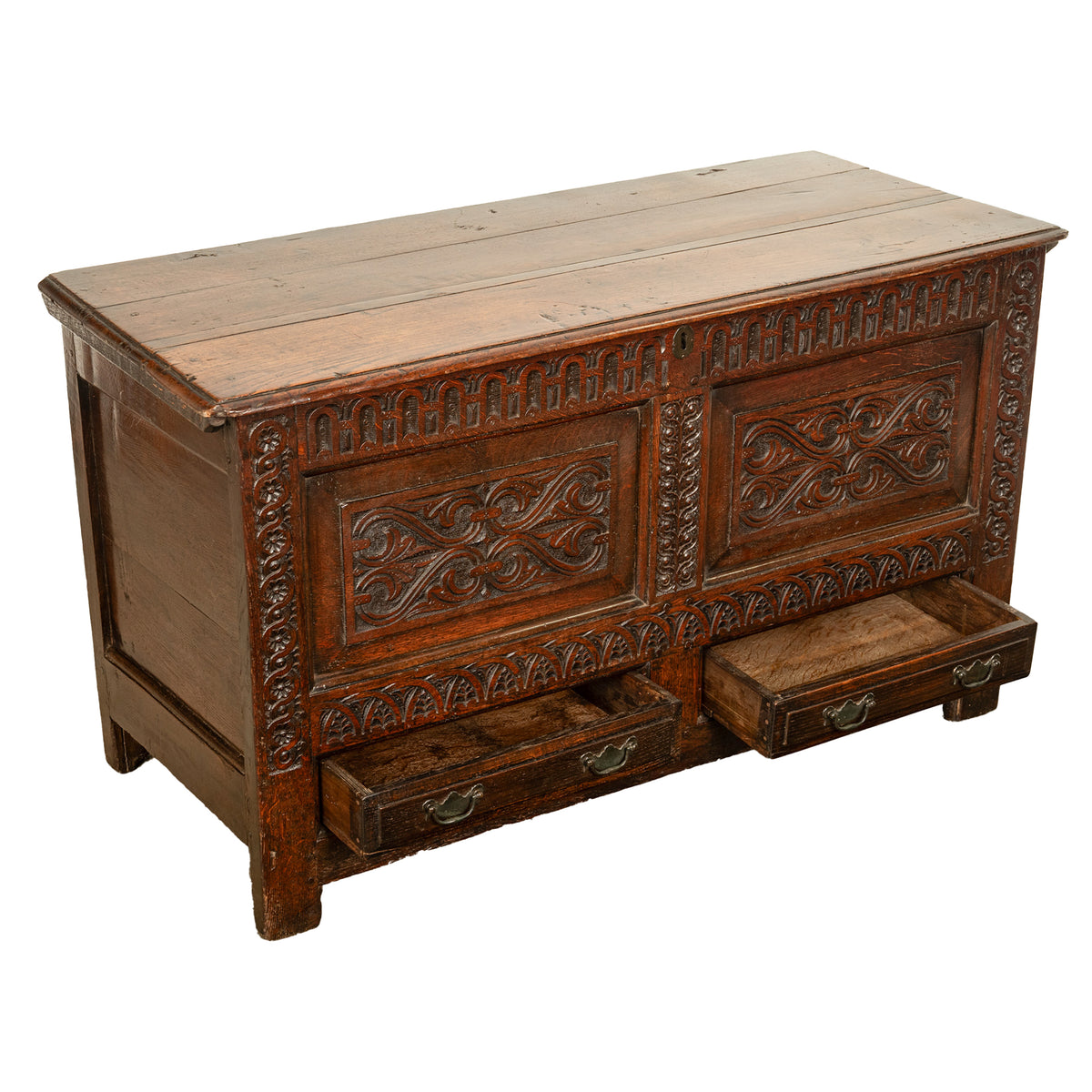 Antique English 17th Century King Charles II Carved Oak Coffer Mule Chest 1680