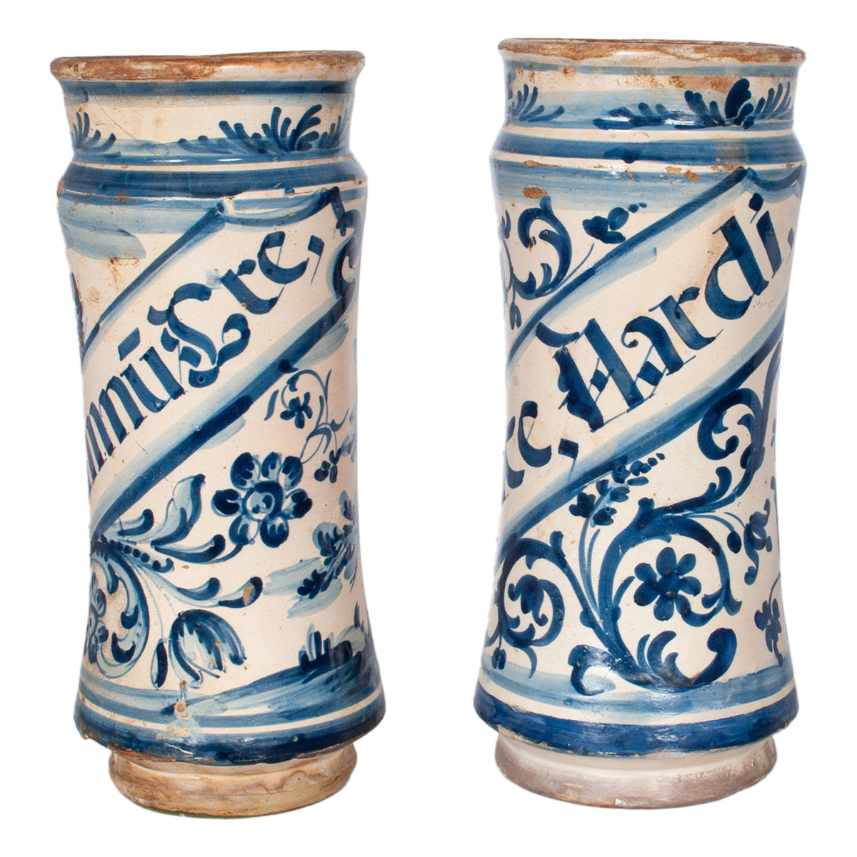Pair Antique 17th Century Spanish Blue & White Pottery Albarelli Apothecary Jars 1680