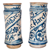 Pair Antique 17th Century Spanish Blue & White Pottery Albarelli Apothecary Jars 1680