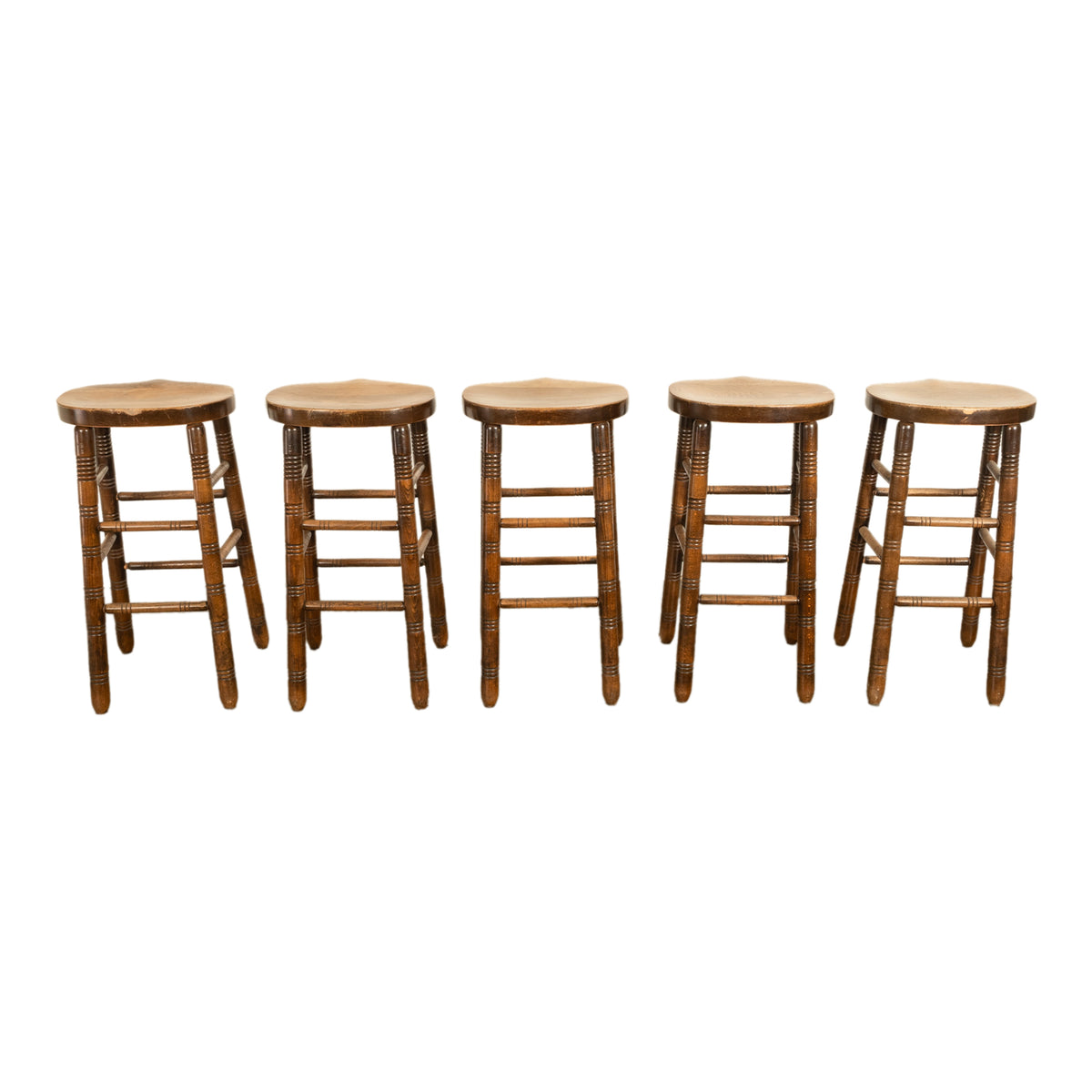 Antique Set of Five Antique Arts & Crafts Turned Elm Bar Sadle Seat Stools 1900