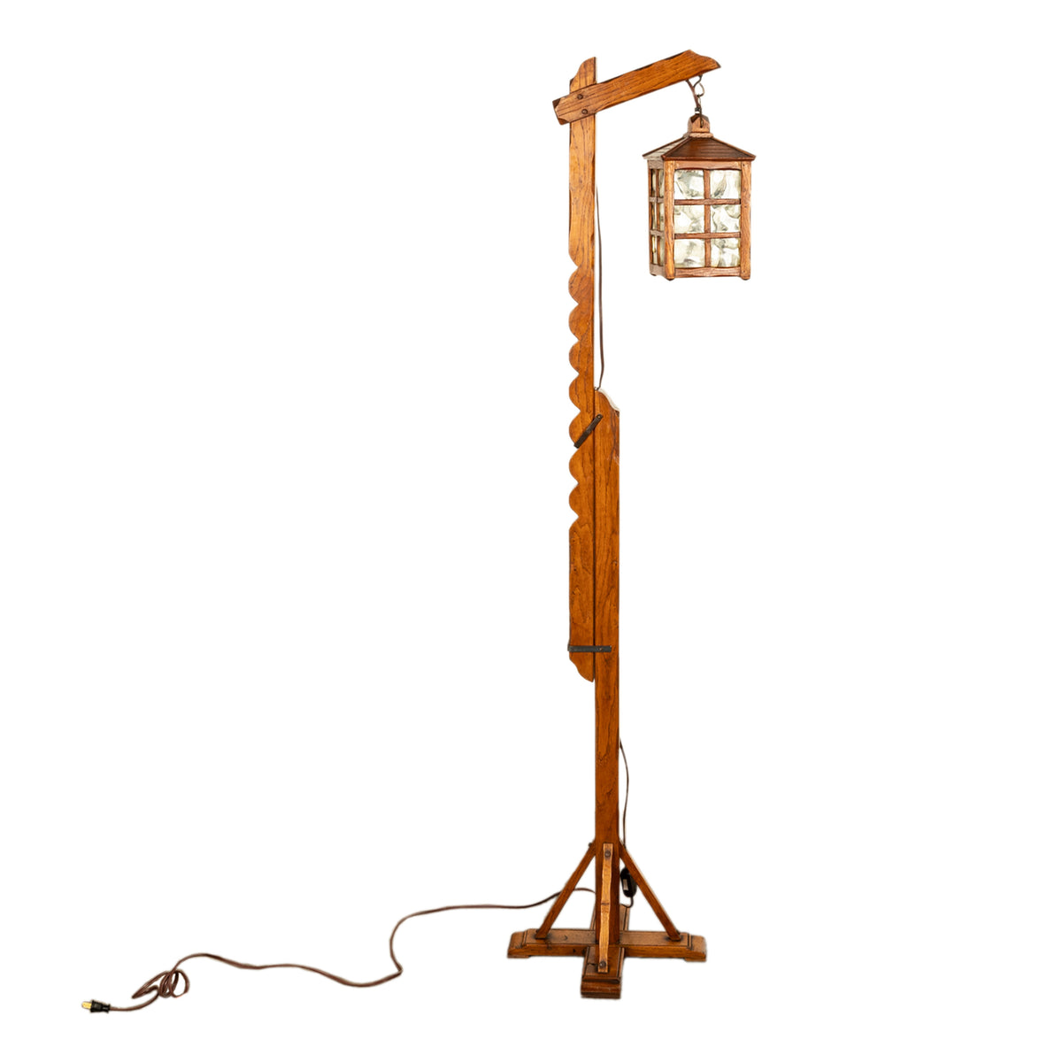 Antique Mission Arts Crafts Carved Oak Adjustable Floor Lamp Glass Lantern 1930