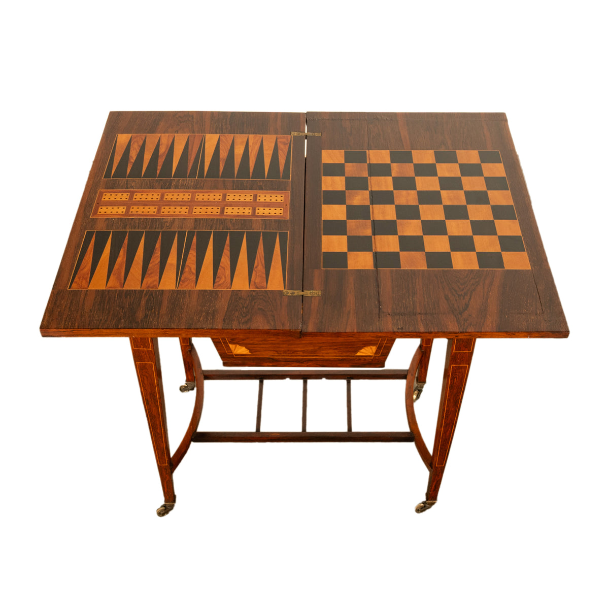 Antique Rosewood Regency Inlaid Chess Backgammon Cribbage Game Sewing Table 1890