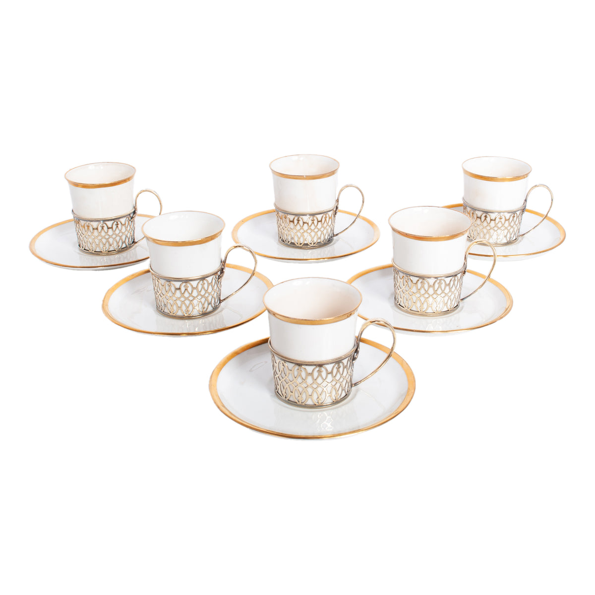 Antique Set of 6 Shelley China Demitasse Cups Saucers Sterling Silver Mappin Webb Birmingham 1919
