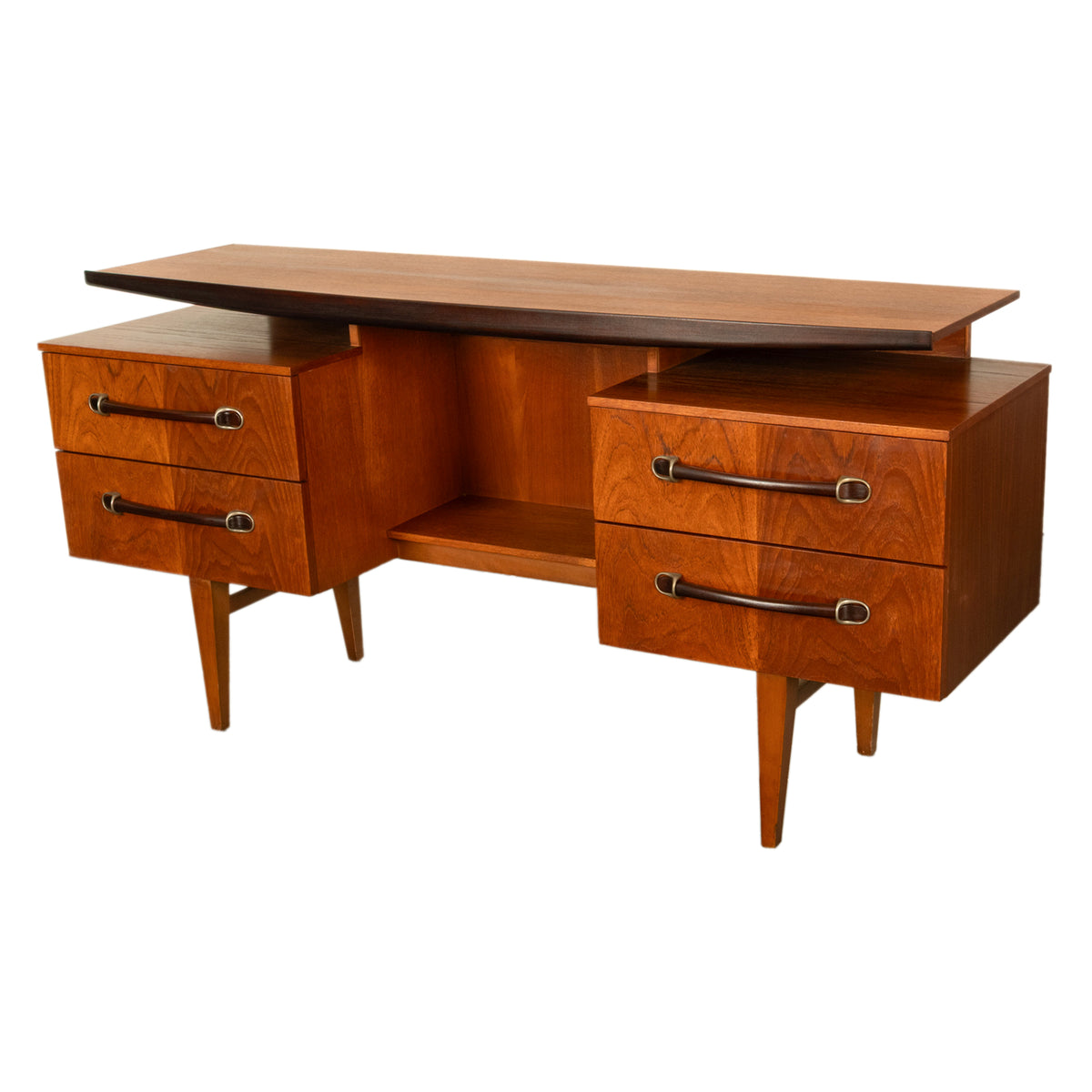 Vintage Danish Mid Century Modern Teak Four Drawer Desk with Floating Top 1965