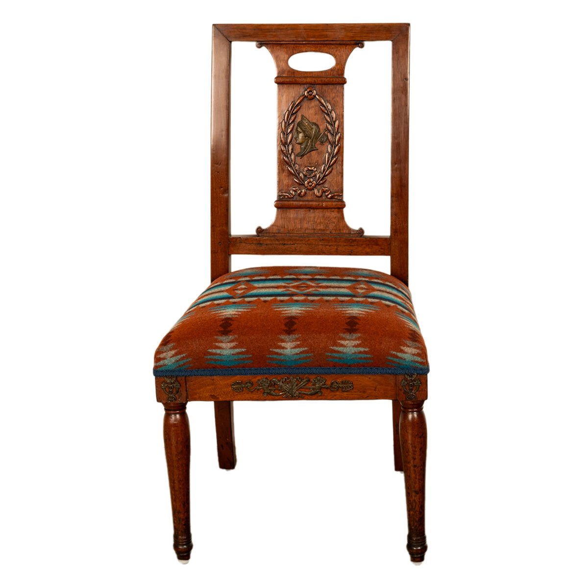 Pair Antique French Restauration His & Hers Greco-Roman Chairs Pendleton Fabric