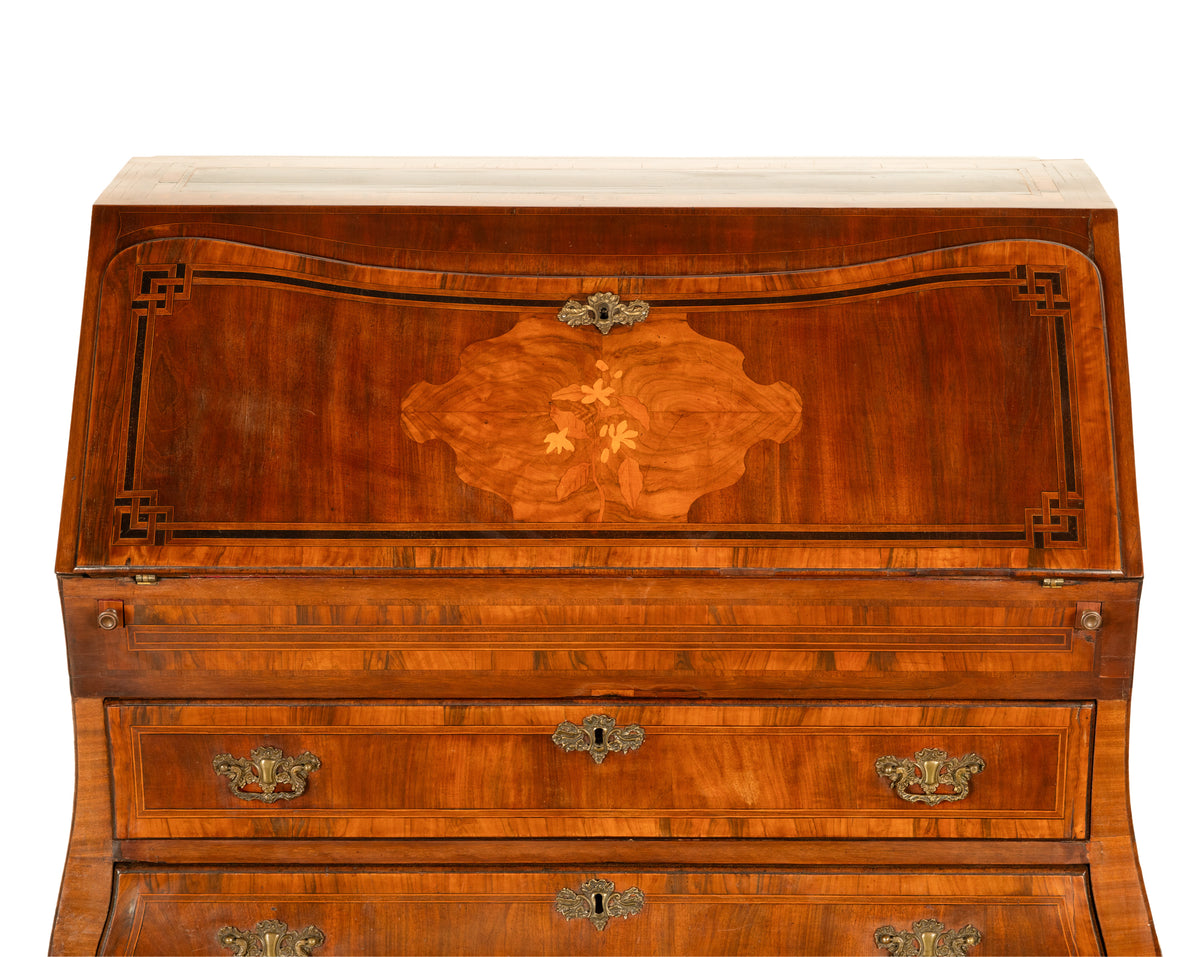 Antique Dutch Rococo Inlaid Marquetry Walnut Bombe Secretary Desk Bureau 1780