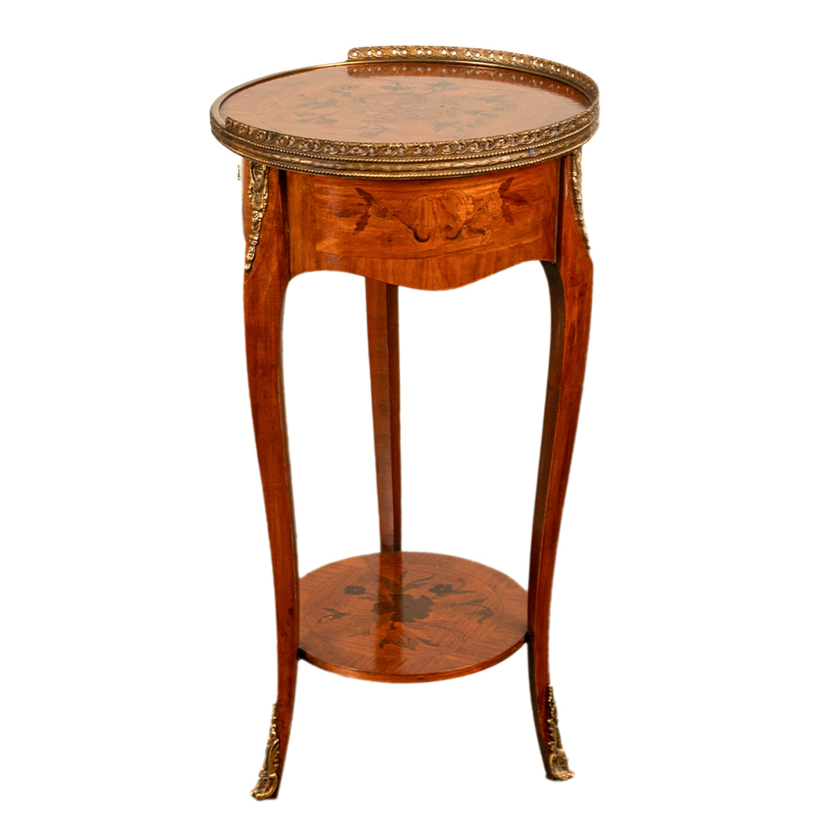 Antique French Louis XV Walnut & Ormolu Marquetry Circular Side Table Stand 1890