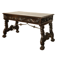 Antique Spanish Baroque Hand-Carved Walnut & Iron Trestle Desk & Chair 1860