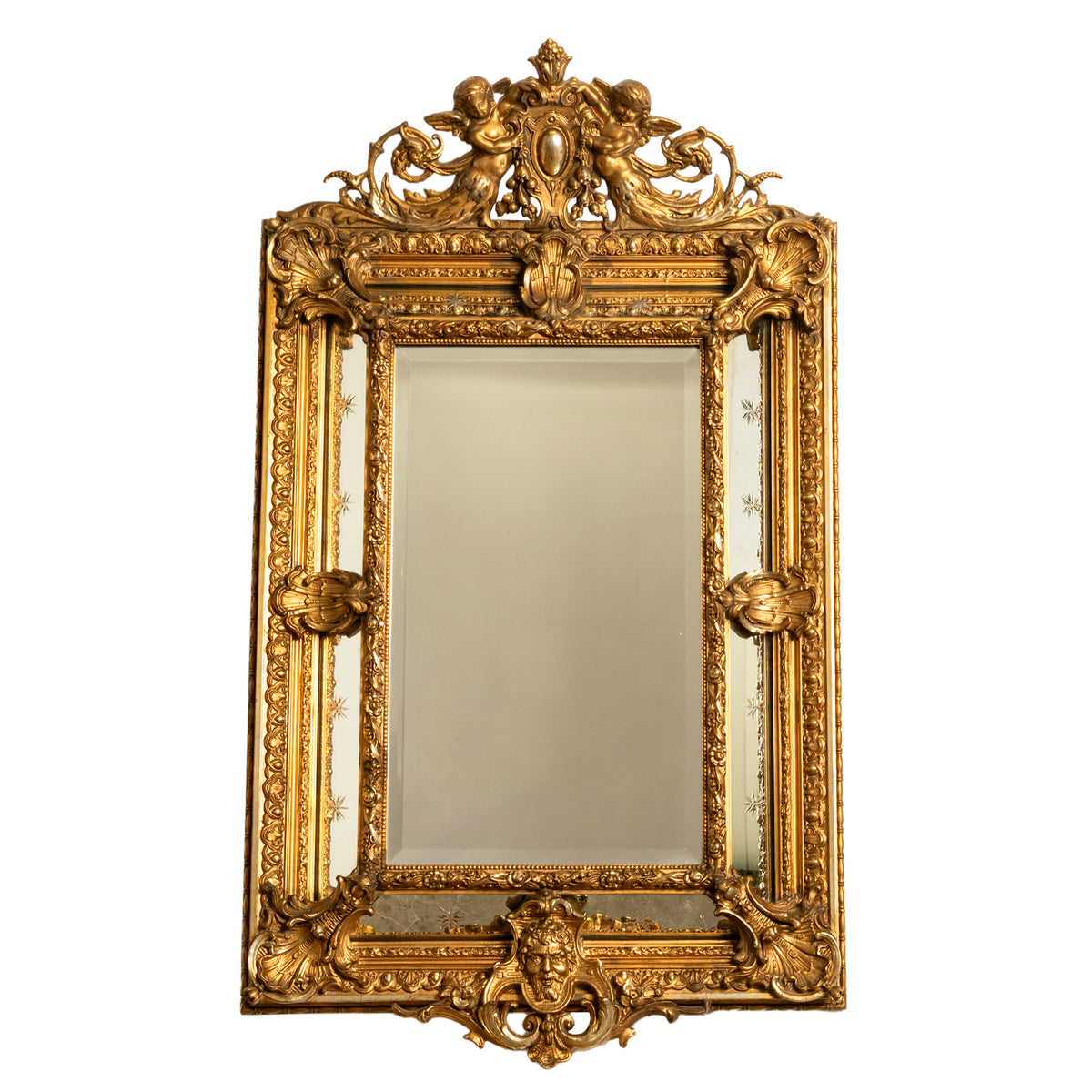 Antique French Giltwood Neoclassical Rococo Mirror Etched Stars Cherubs 1870