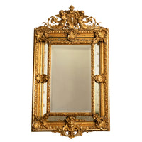 Antique French Giltwood Neoclassical Rococo Mirror Etched Stars Cherubs 1870