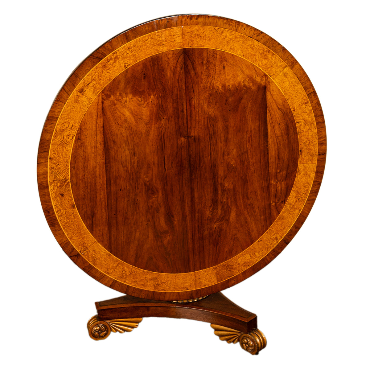 Antique Georgian Regency Amboyna Walnut Parcel Gilt Tilt-Top Breakfast Dining Table Circa 1820