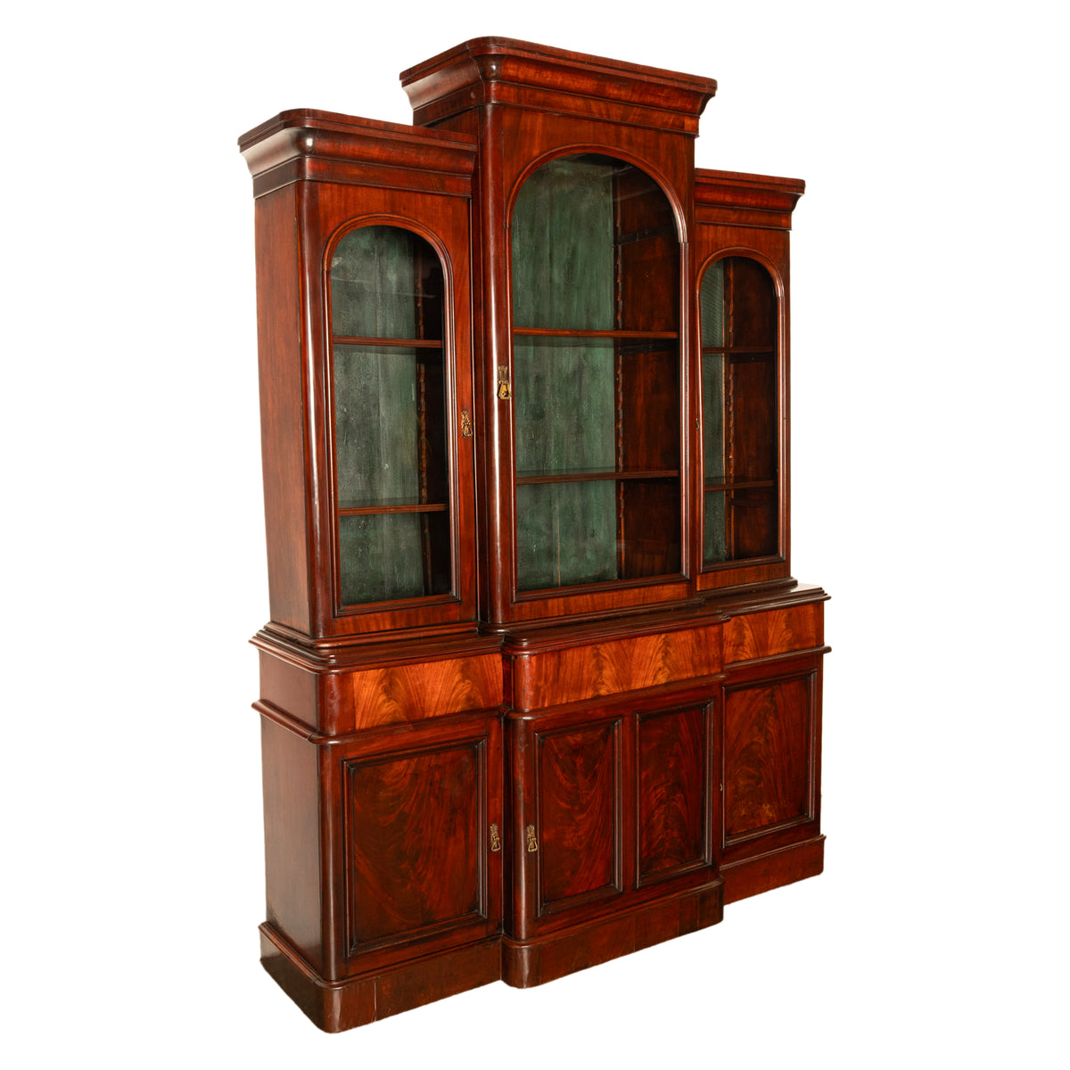 Antique 19th Century Large Breakfront Flame Mahogany Bookcase Bibliotheque 1850