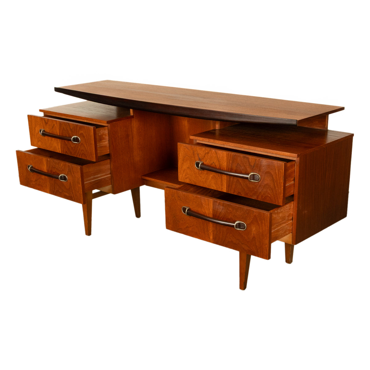 Vintage Danish Mid Century Modern Teak Four Drawer Desk with Floating Top 1965