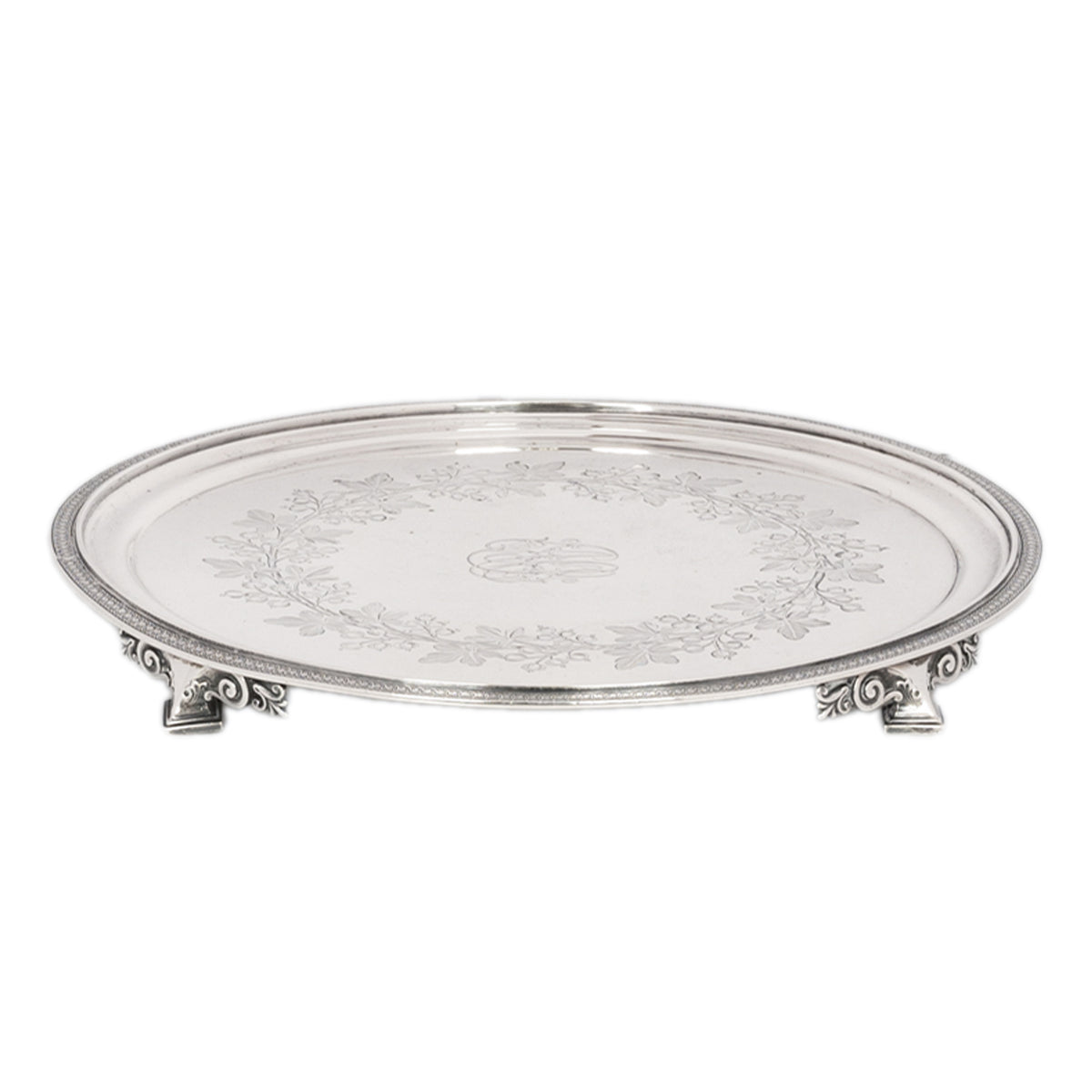 Antique Engraved Sterling Silver Tiffany & Co Footed Salver Tray New York 1870