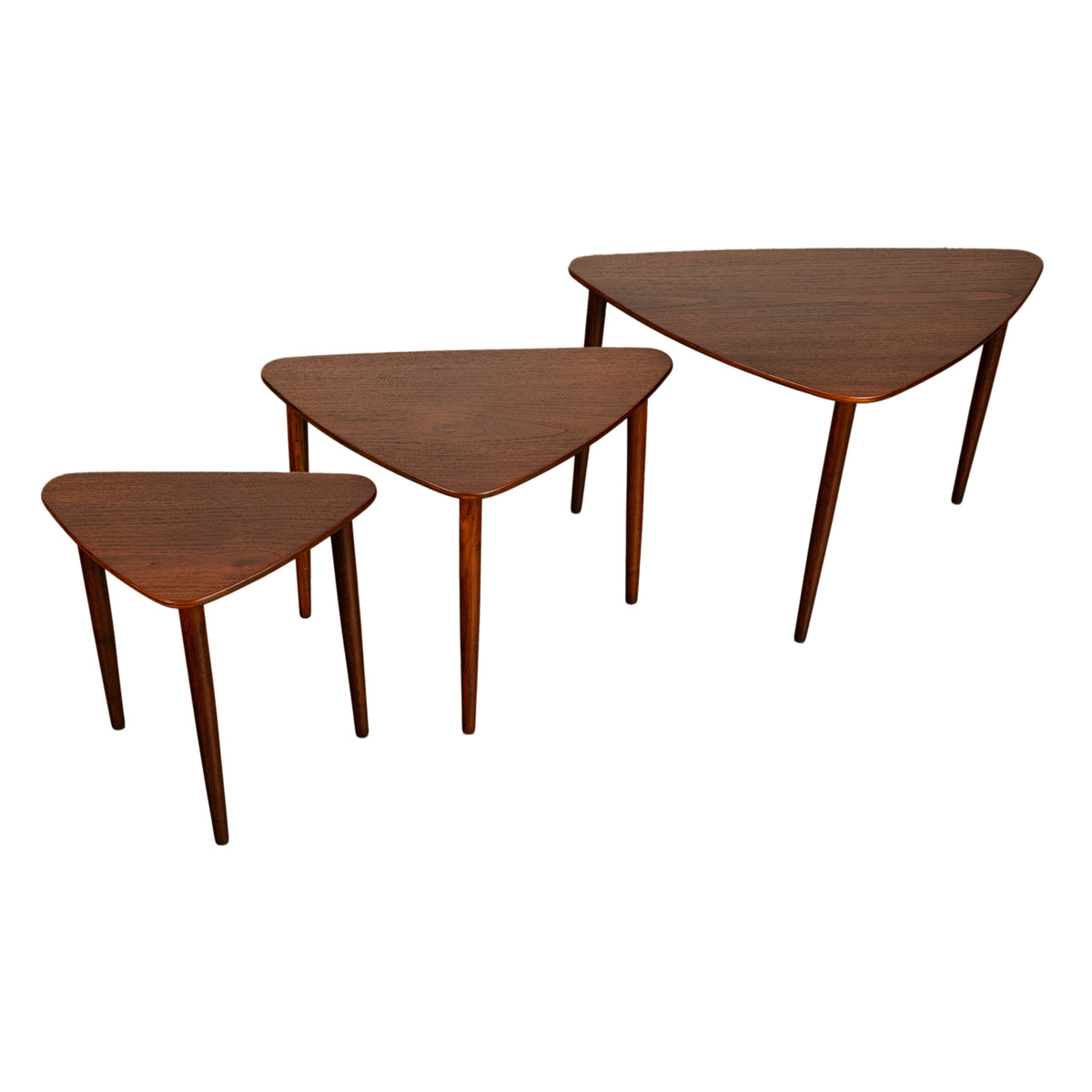 Danish Teak Mid Century Modern 'Guitar Pick' set of 3 Nesting Tables by Mogens Kold Mobelfabrik 1960s