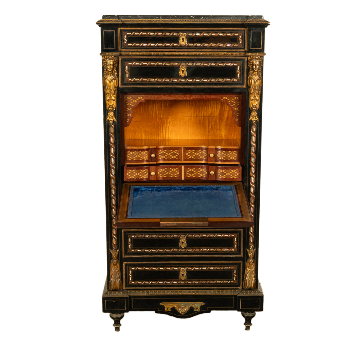 Antique French Napoleon III Mother-Of-Pearl Inlaid Ormolu Marble Top Secretaire Desk Chest 1860