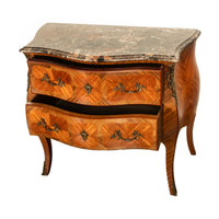 Antique French Louis XV Marble Top Ormolu Bombe Shape Inlaid Tulip-Wood Commode 1900