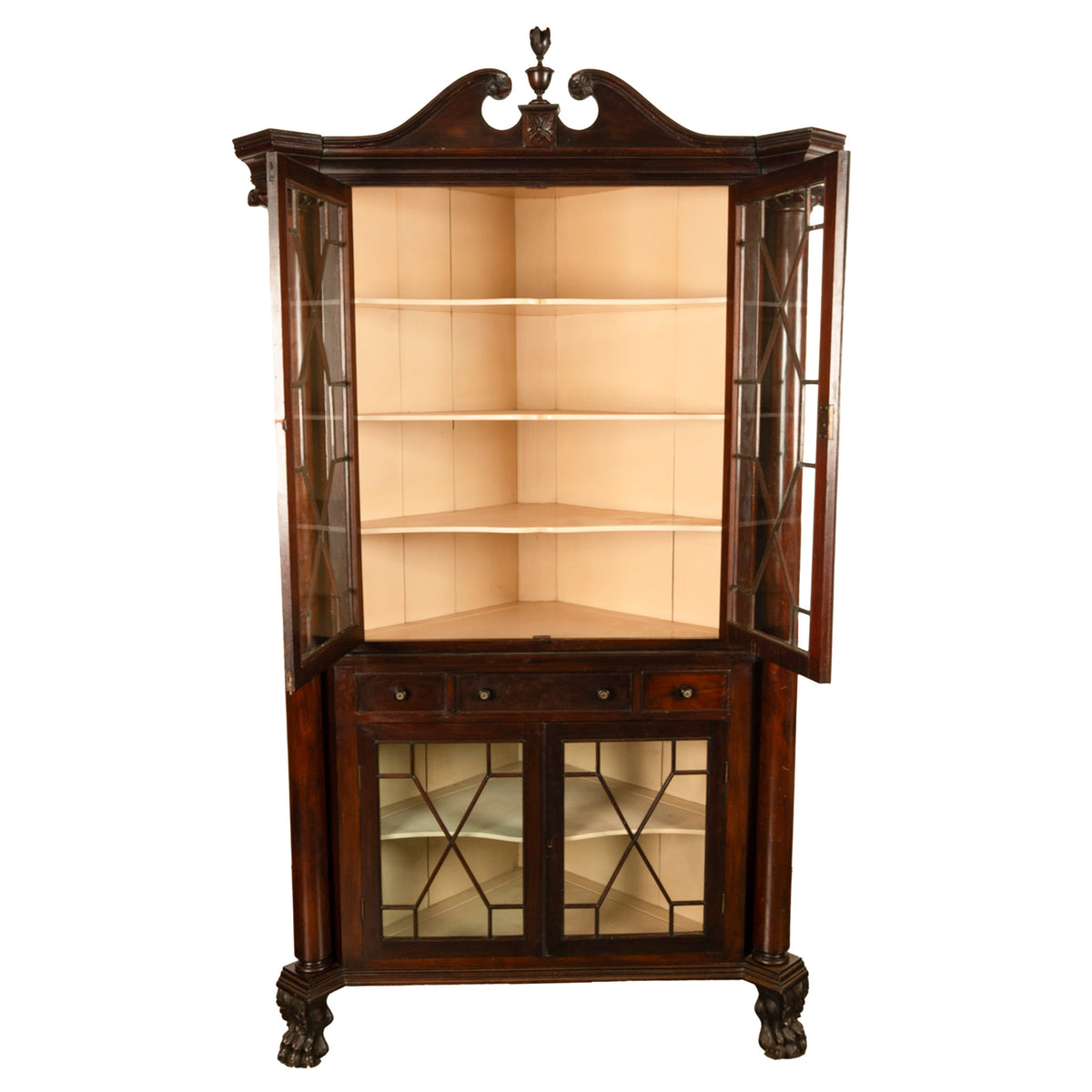 Antique American Mahogany Federal Carved Corner Cabinet East Tennessee 1820