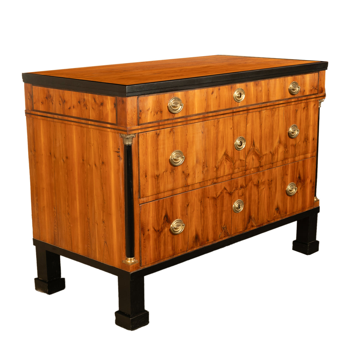 Antique Austrian Biedermeier Walnut Ebony Gilt Bronze Chest Drawers Commode 1820