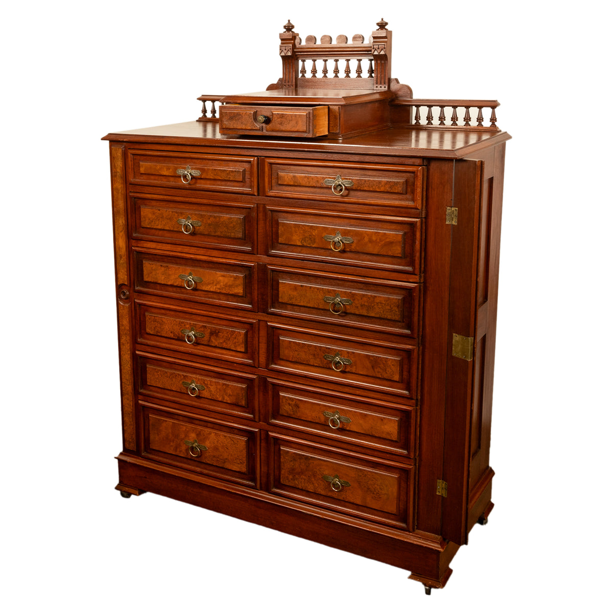 Antique American Burl Walnut Lock Side Eastlake Highboy Chest of Drawers 1870