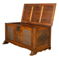 Antique French Gothic Revival Carved Oak Dowry Coffer Chest Bench Seat 1820