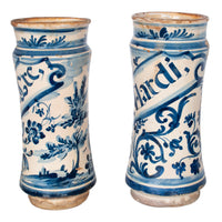 Pair Antique 17th Century Spanish Blue & White Pottery Albarelli Apothecary Jars 1680