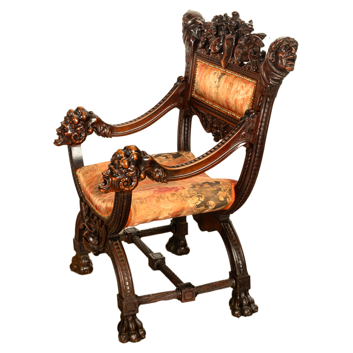 Antique Italian Hand Carved Walnut Renaissance Dragon & Knight Throne Chair 1880