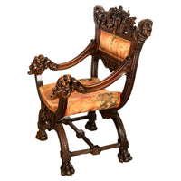 Antique Italian Hand Carved Walnut Renaissance Dragon & Knight Throne Chair 1880