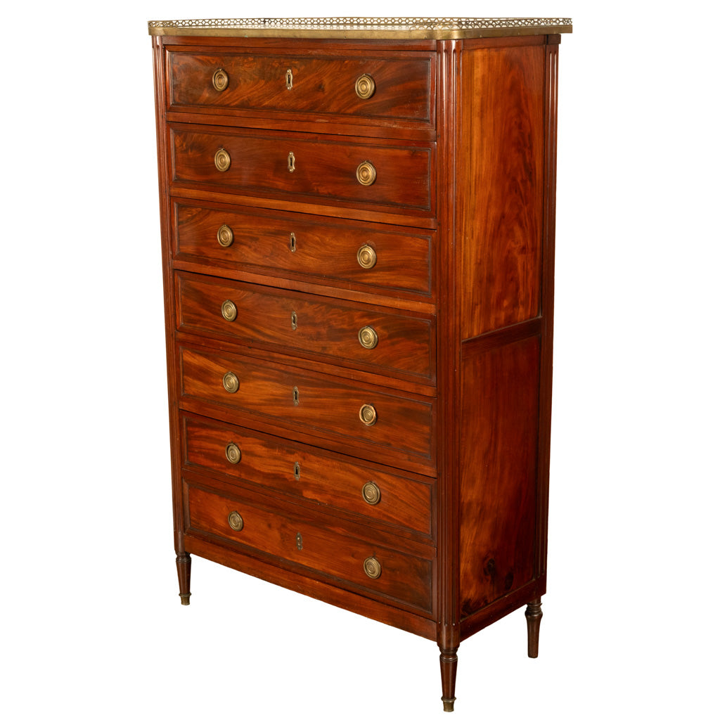 Tall Antique 19thC French Louis XVI Semainier Mahogany Marble Chest Drawers 1880