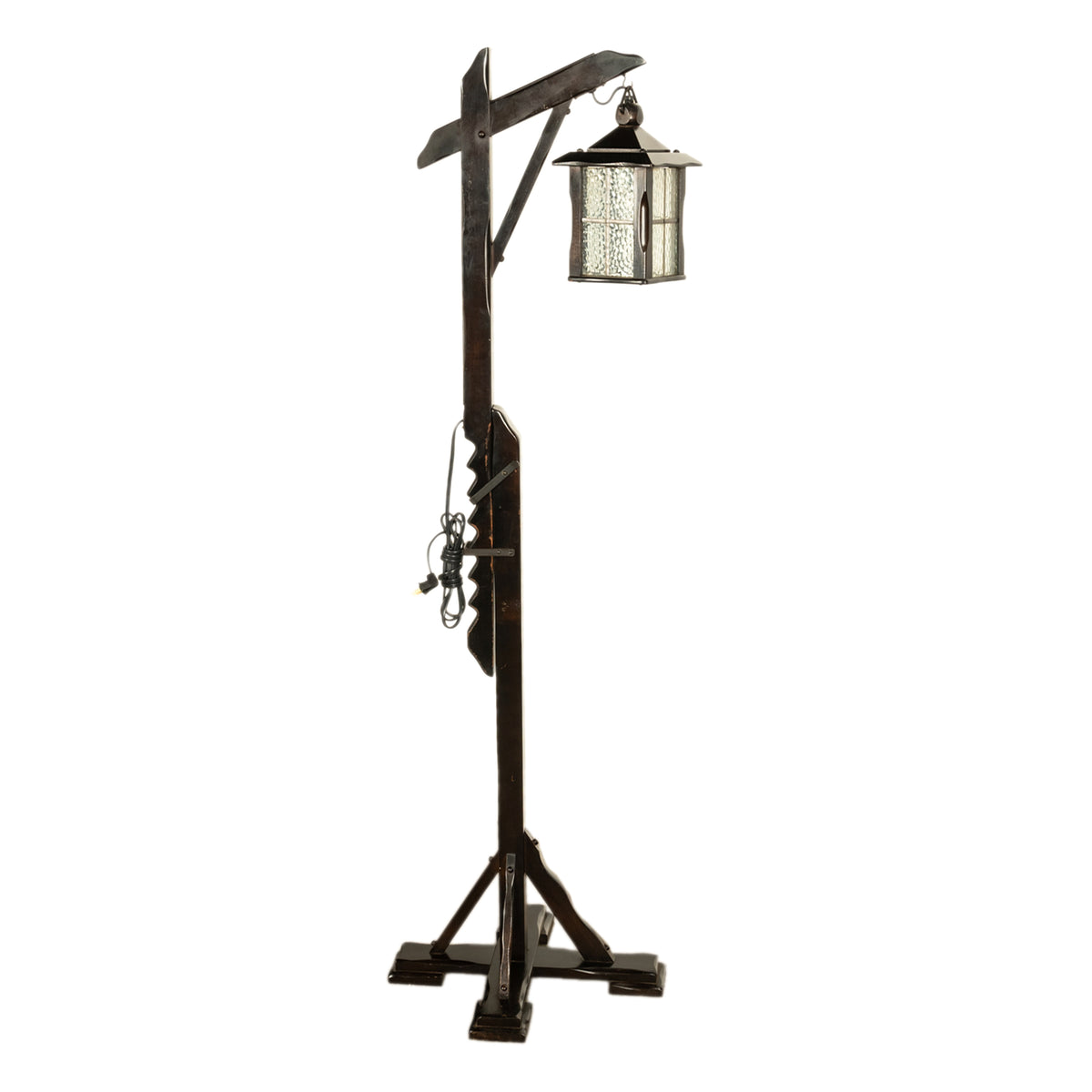 Antique Mission Arts Crafts Carved Oak Adjustable Floor Lamp Glass Lantern 1930