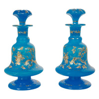 Antique Pair French Blue Opaline Gilded Enamel Glass Perfume Bottles Flacon 1850
