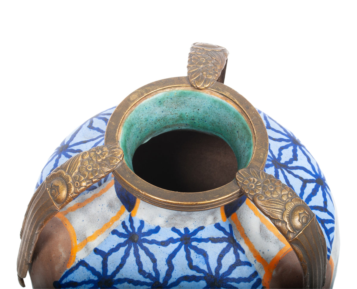 Antique French Art Deco Stoneware Pottery & Gilt Bronze Vase by André Villien 1925