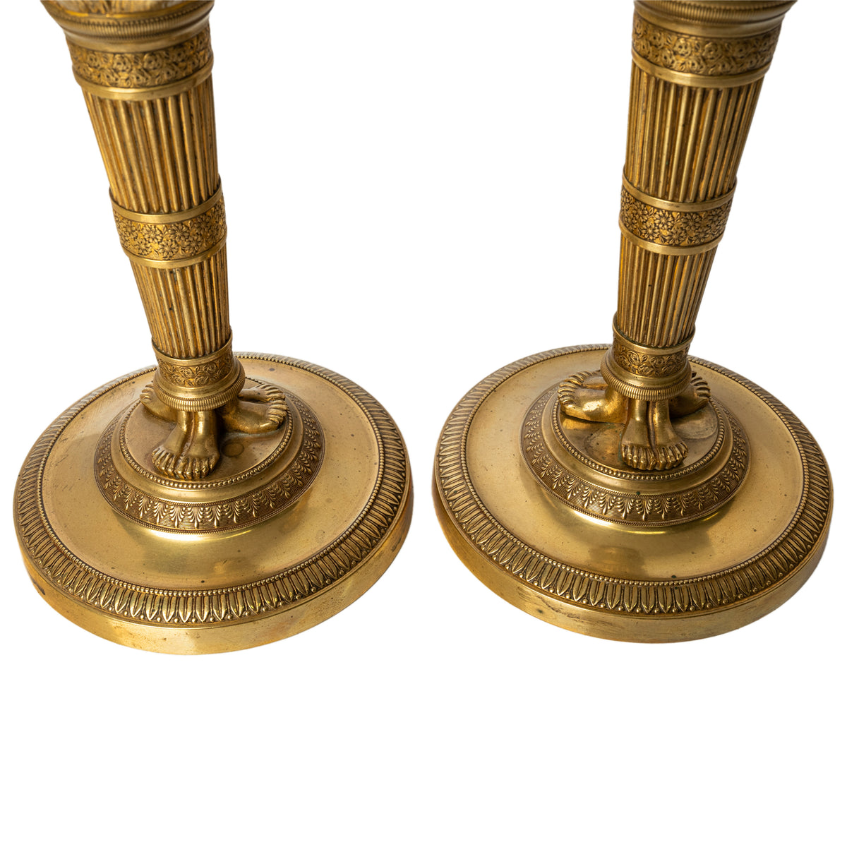 Pair Antique Early 19thC French Empire Neoclassical Gilt Bronze Candlesticks