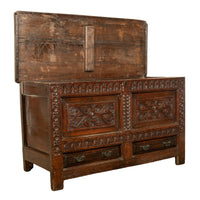 Antique English 17th Century King Charles II Carved Oak Coffer Mule Chest 1680