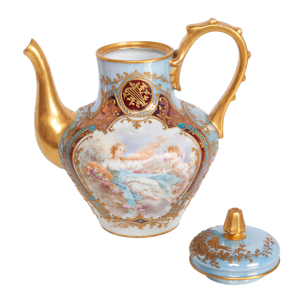 Antique French Sevres Handpainted & Gilded Porcelain Neoclassical 8 Piece Tete-a-Tete Tea Set 1900