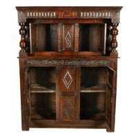 Antique English 17th Century Jacobean Charles I Carved Oak Court Cupboard Cabinet 1630