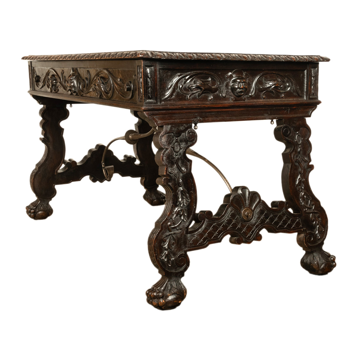 Antique Spanish Baroque Hand-Carved Walnut & Iron Trestle Desk & Chair 1860