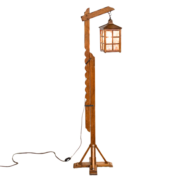 Antique Mission Arts Crafts Carved Oak Adjustable Floor Lamp Glass Lantern 1930