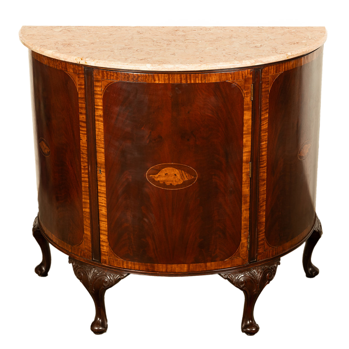 Antique Mahogany Marble Top Demi-Lune Marquetry Inlaid Drinks Cabinet or Server, Circa 1900
