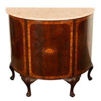 Antique Mahogany Marble Top Demi-Lune Marquetry Inlaid Drinks Cabinet or Server, Circa 1900
