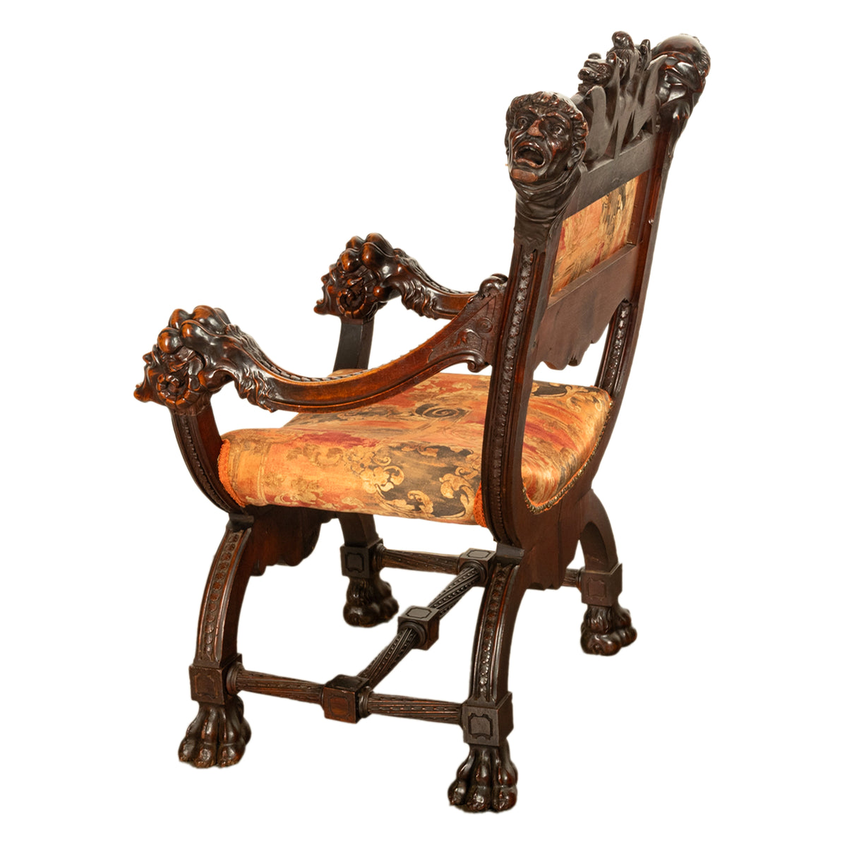 Antique Italian Hand Carved Walnut Renaissance Dragon & Knight Throne Chair 1880