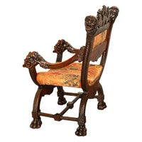 Antique Italian Hand Carved Walnut Renaissance Dragon & Knight Throne Chair 1880