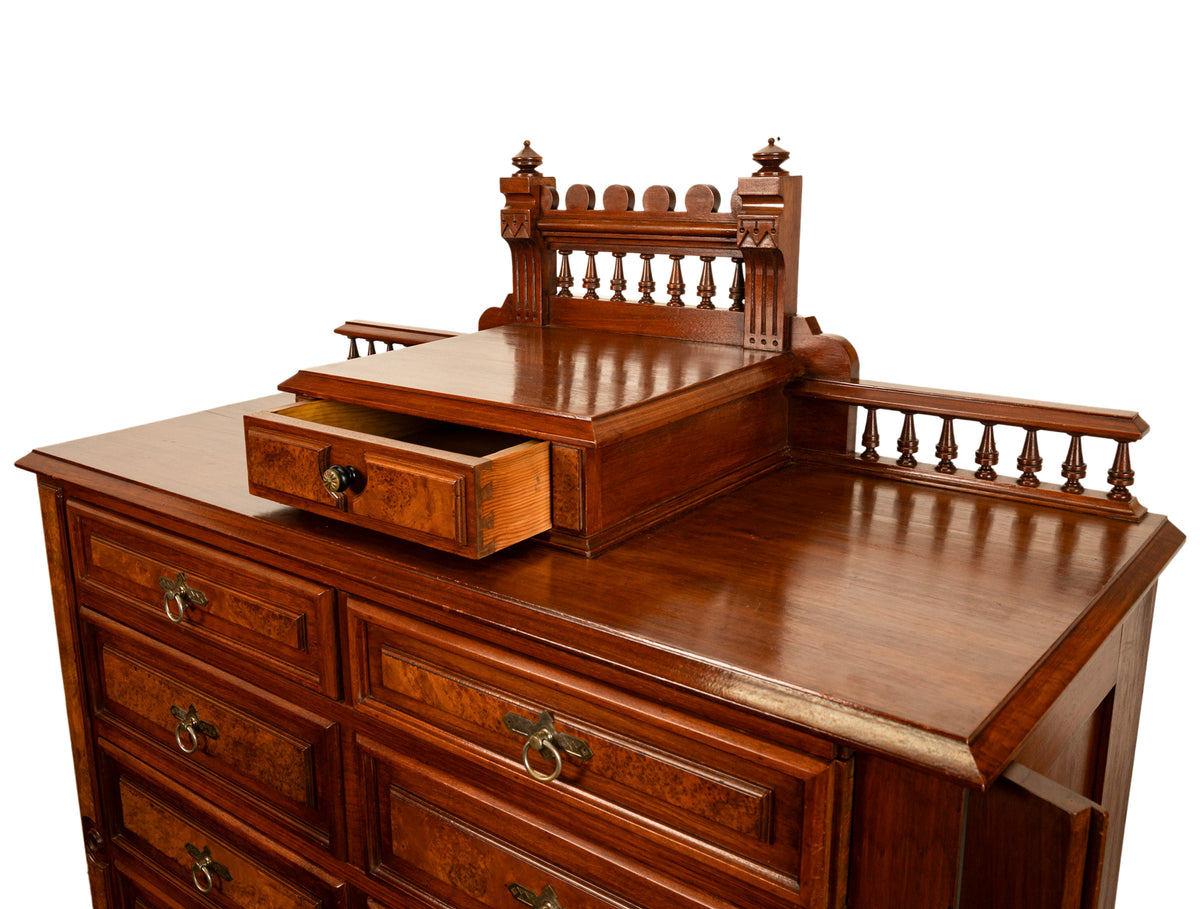 Antique American Burl Walnut Lock Side Eastlake Highboy Chest of Drawers 1870